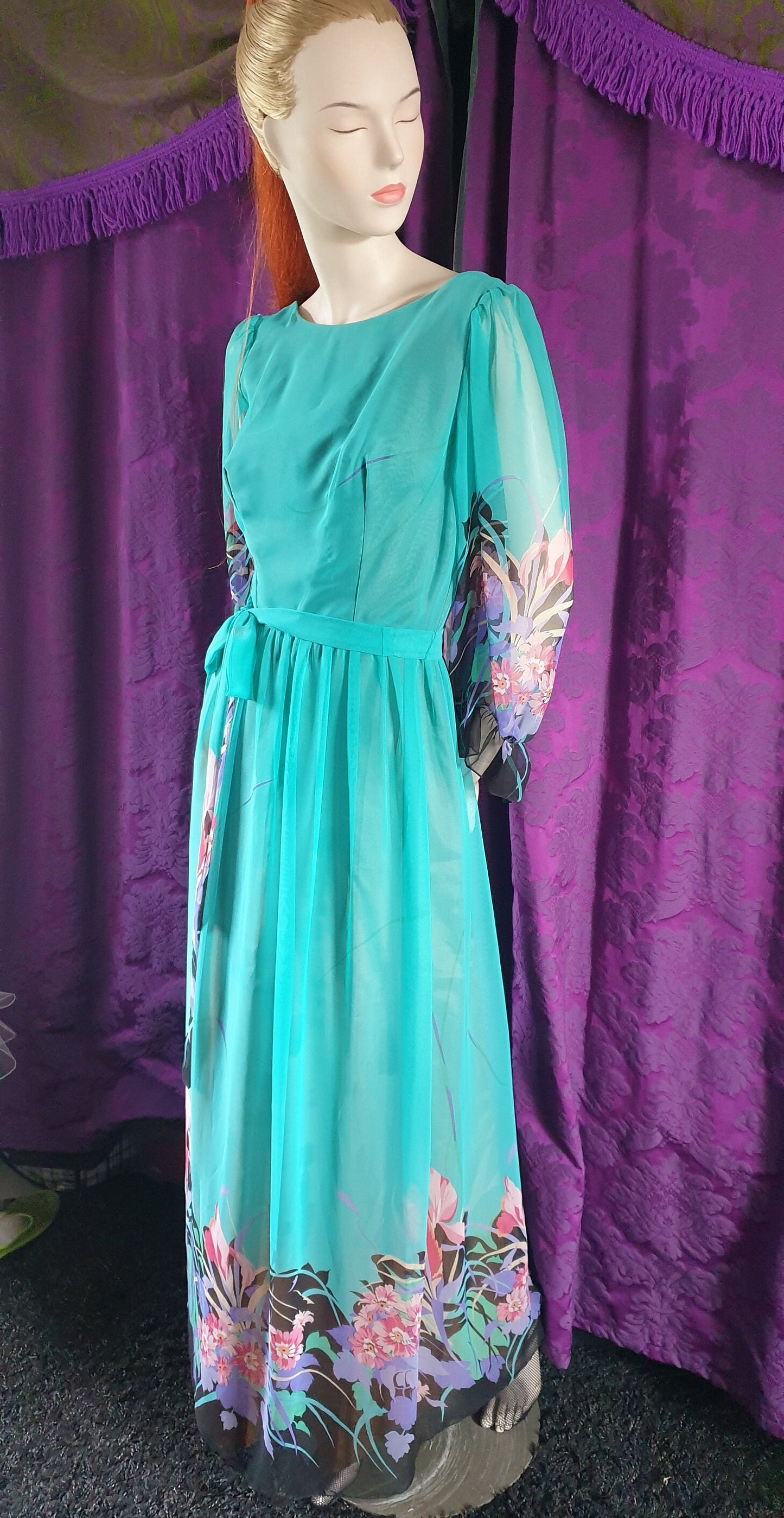 Vintage 1970s Floral Fantasy Chiffon Gown
