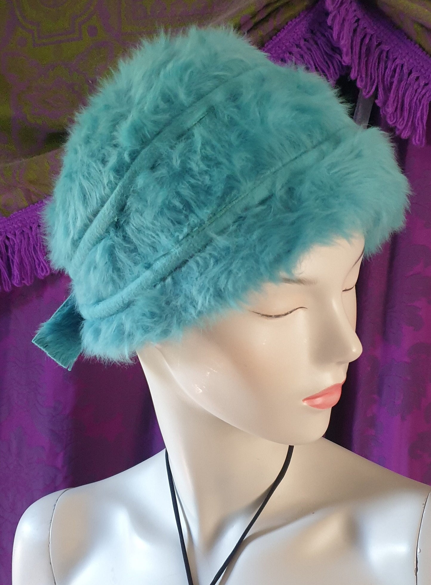 Schiaparelli Paris 1960s Teal Fluffy Felt Hat