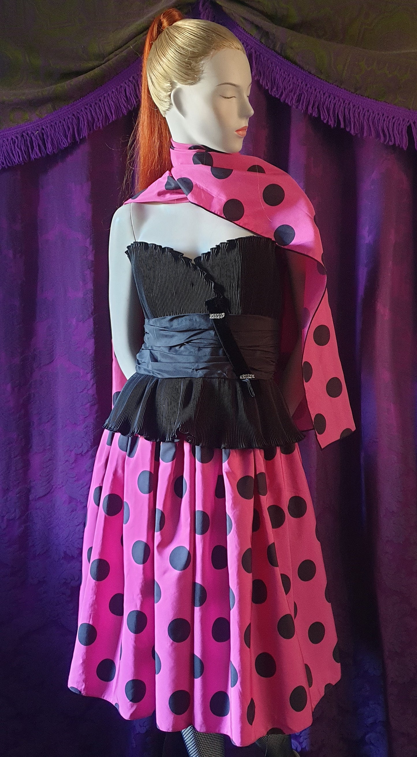 Vintage 1980s Hot Pink Polka Dot Ballgown by Trina Lewis and Marjon Couture