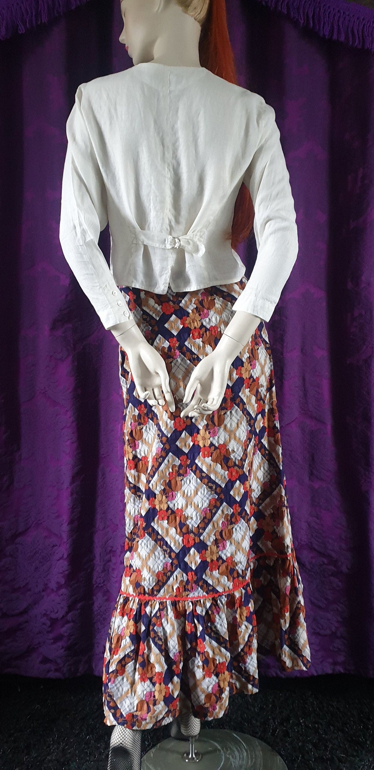 Vintage 1970s Floral Check Ruffled Maxi Skirt