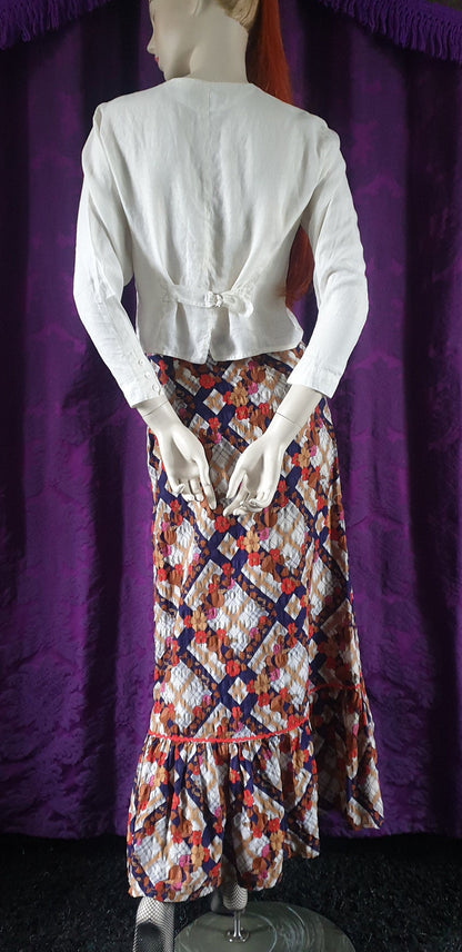 Vintage 1970s Floral Check Ruffled Maxi Skirt