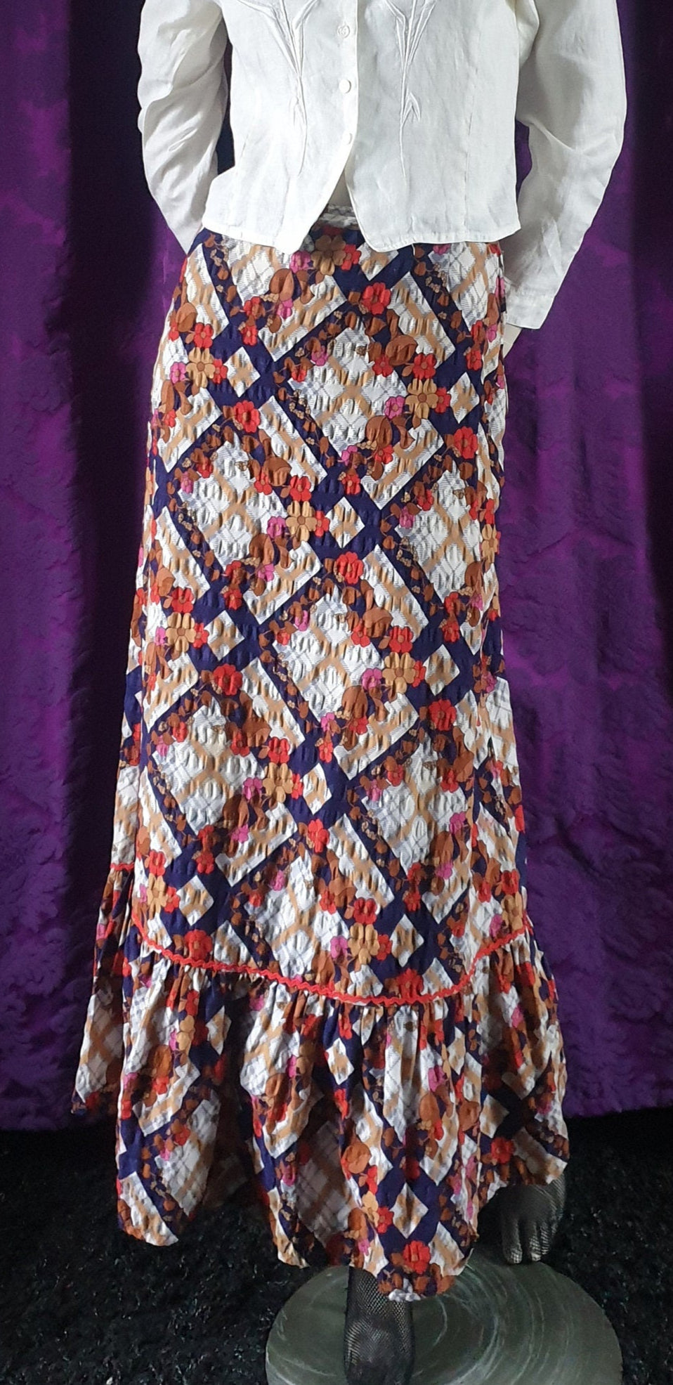 Vintage 1970s Floral Check Ruffled Maxi Skirt