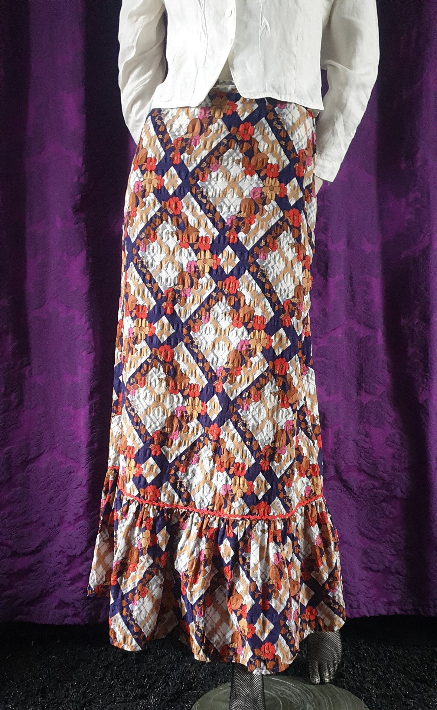 Vintage 1970s Floral Check Ruffled Maxi Skirt