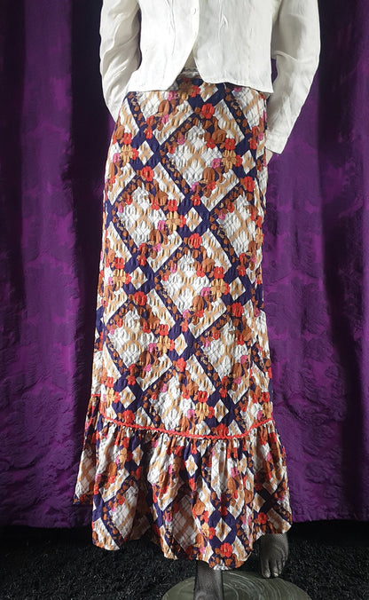 Vintage 1970s Floral Check Ruffled Maxi Skirt