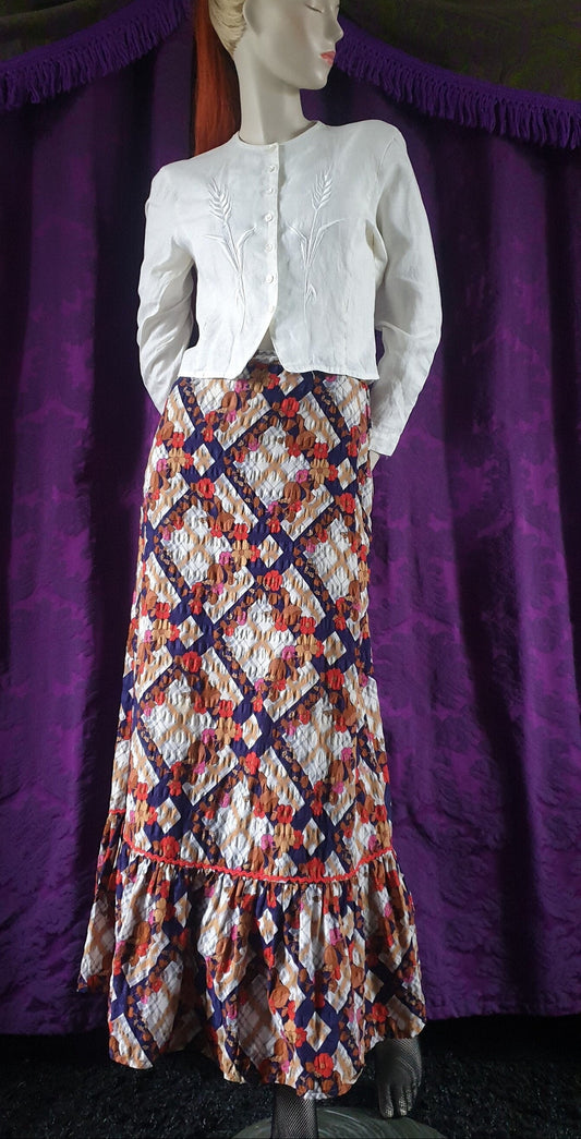 Vintage 1970s Floral Check Ruffled Maxi Skirt