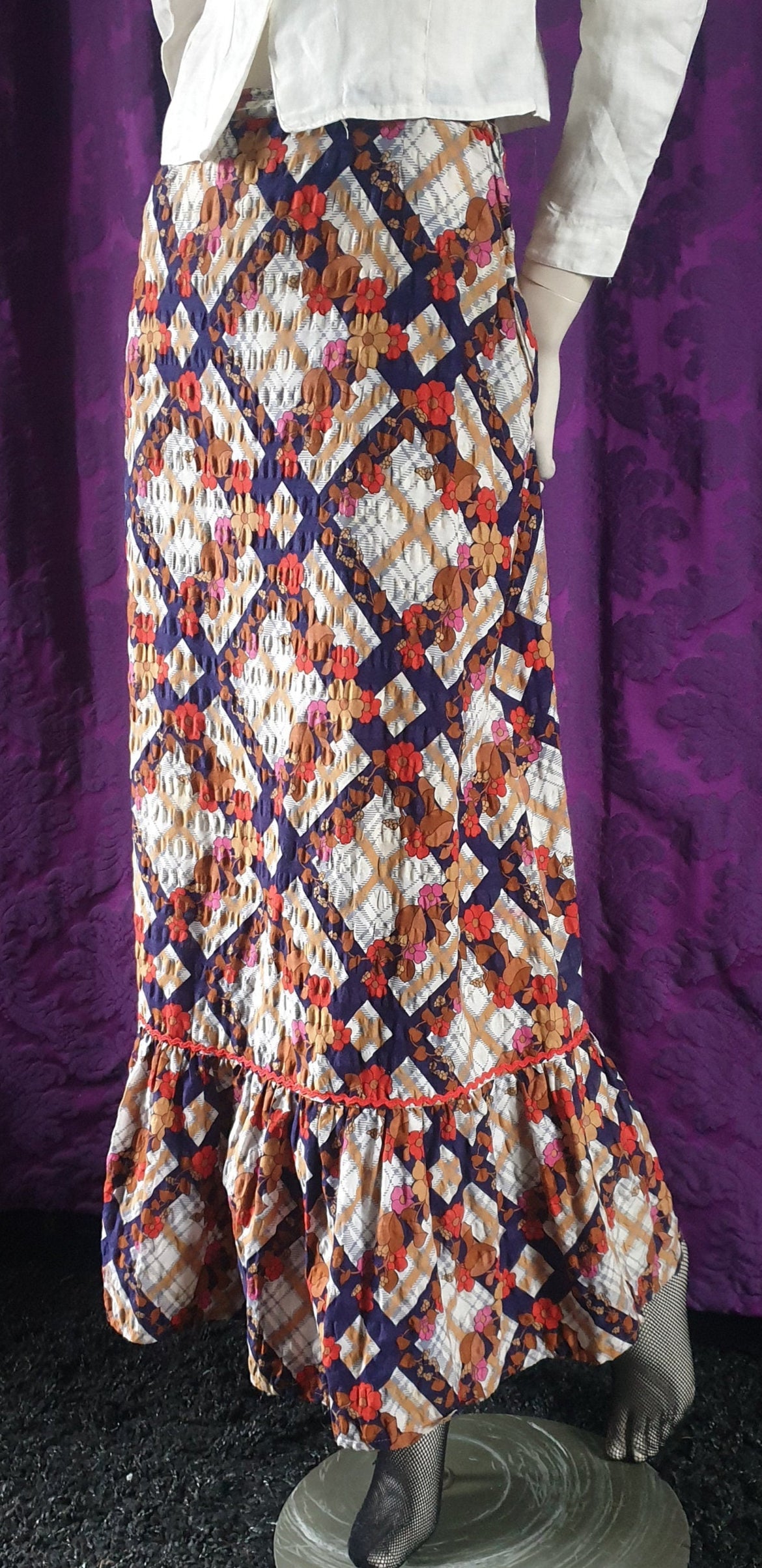 Vintage 1970s Floral Check Ruffled Maxi Skirt