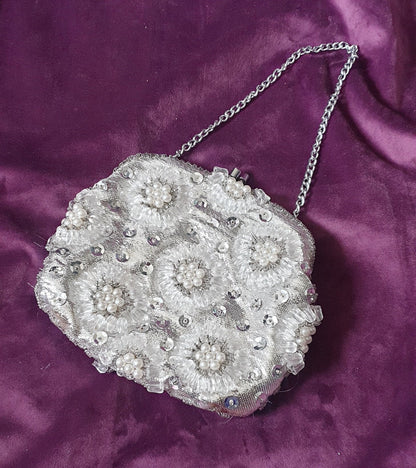 Vintage 1960s Silver Lurex & Pearl Beaded Evening Bag