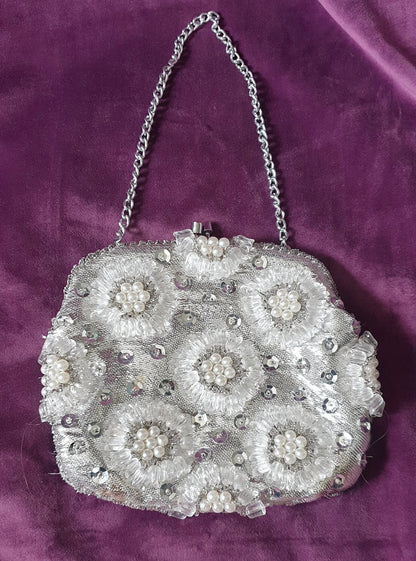 Vintage 1960s Silver Lurex & Pearl Beaded Evening Bag