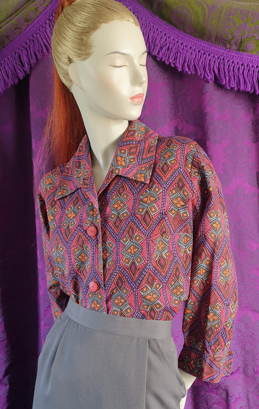 Vintage 1960s Cotton Tiki Print Blouse