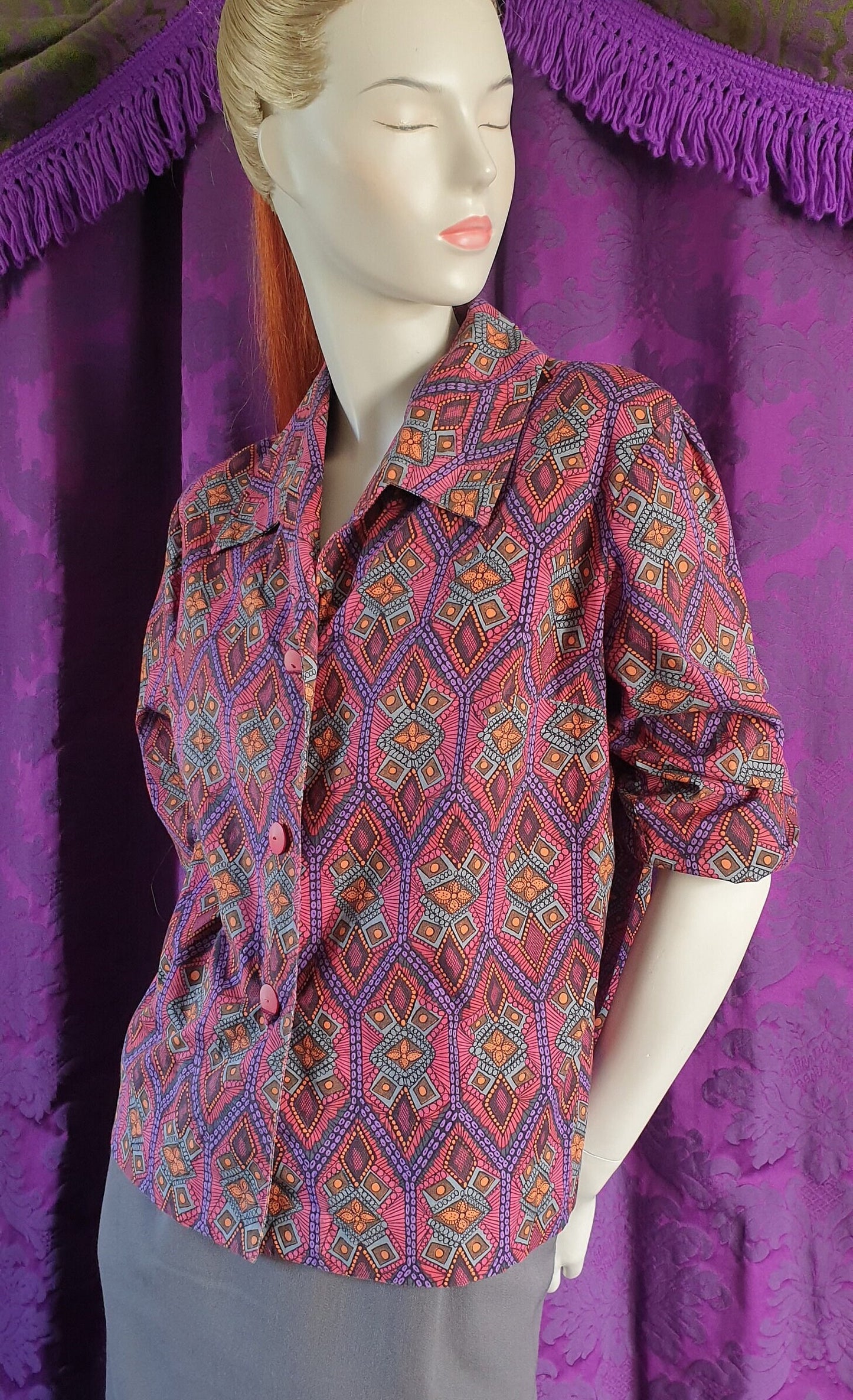 Vintage 1960s Cotton Tiki Print Blouse
