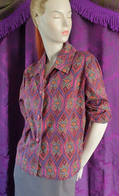 Vintage 1960s Cotton Tiki Print Blouse