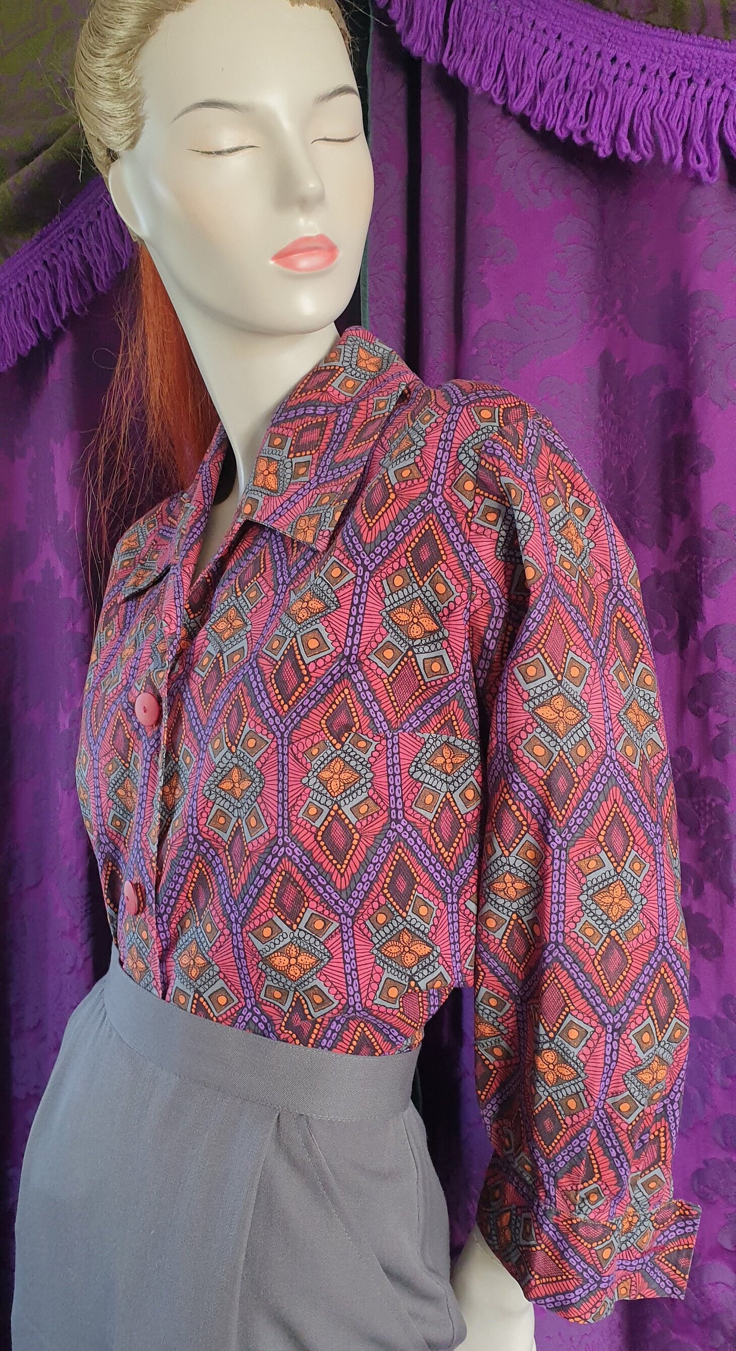 Vintage 1960s Cotton Tiki Print Blouse