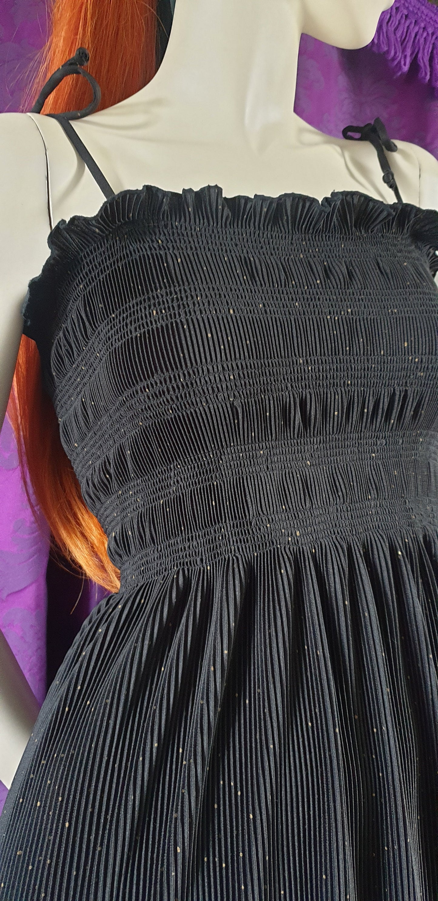 Vintage 1970s Smocked Bodice Gold and Black Maxi Dress by Laura Phillips