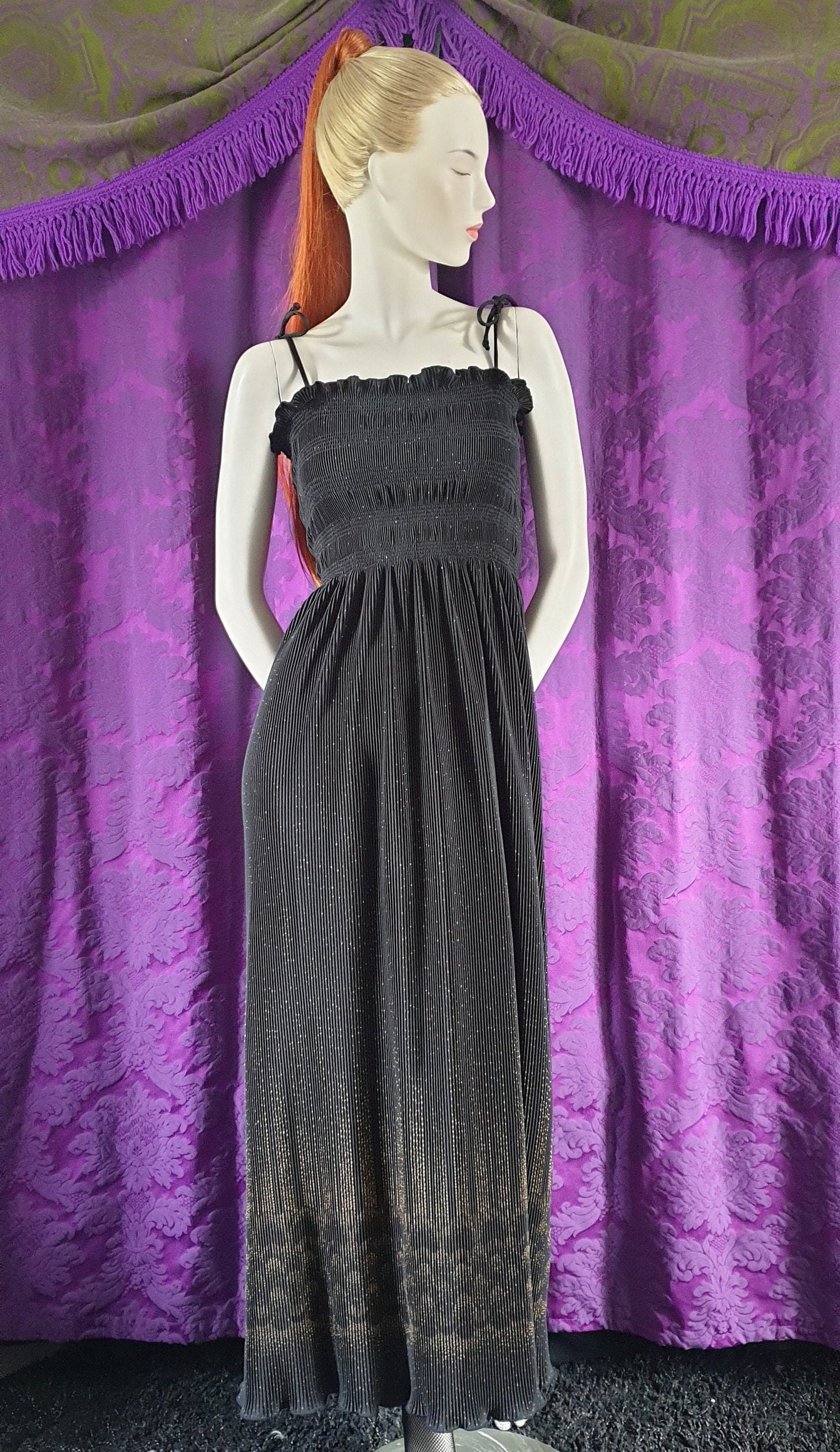 Vintage 1970s Smocked Bodice Gold and Black Maxi Dress by Laura Phillips