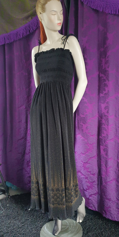 Vintage 1970s Smocked Bodice Gold and Black Maxi Dress by Laura Phillips