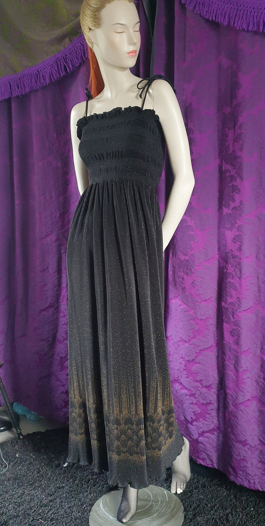 Vintage 1970s Smocked Bodice Gold and Black Maxi Dress by Laura Phillips