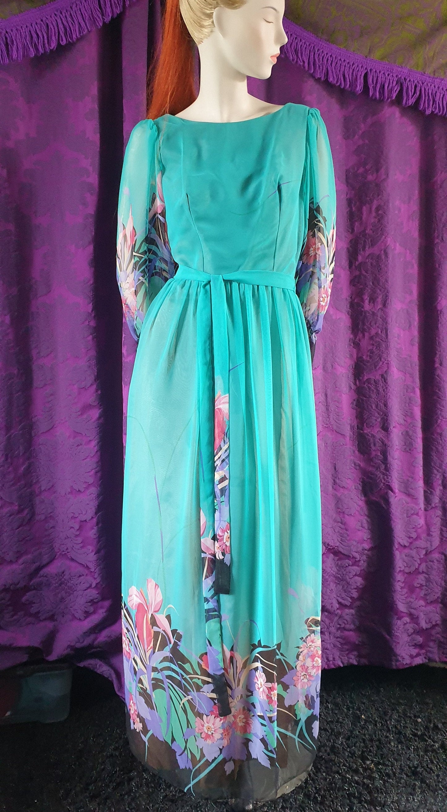 Vintage 1970s Floral Fantasy Chiffon Gown