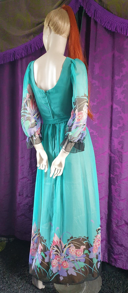 Vintage 1970s Floral Fantasy Chiffon Gown