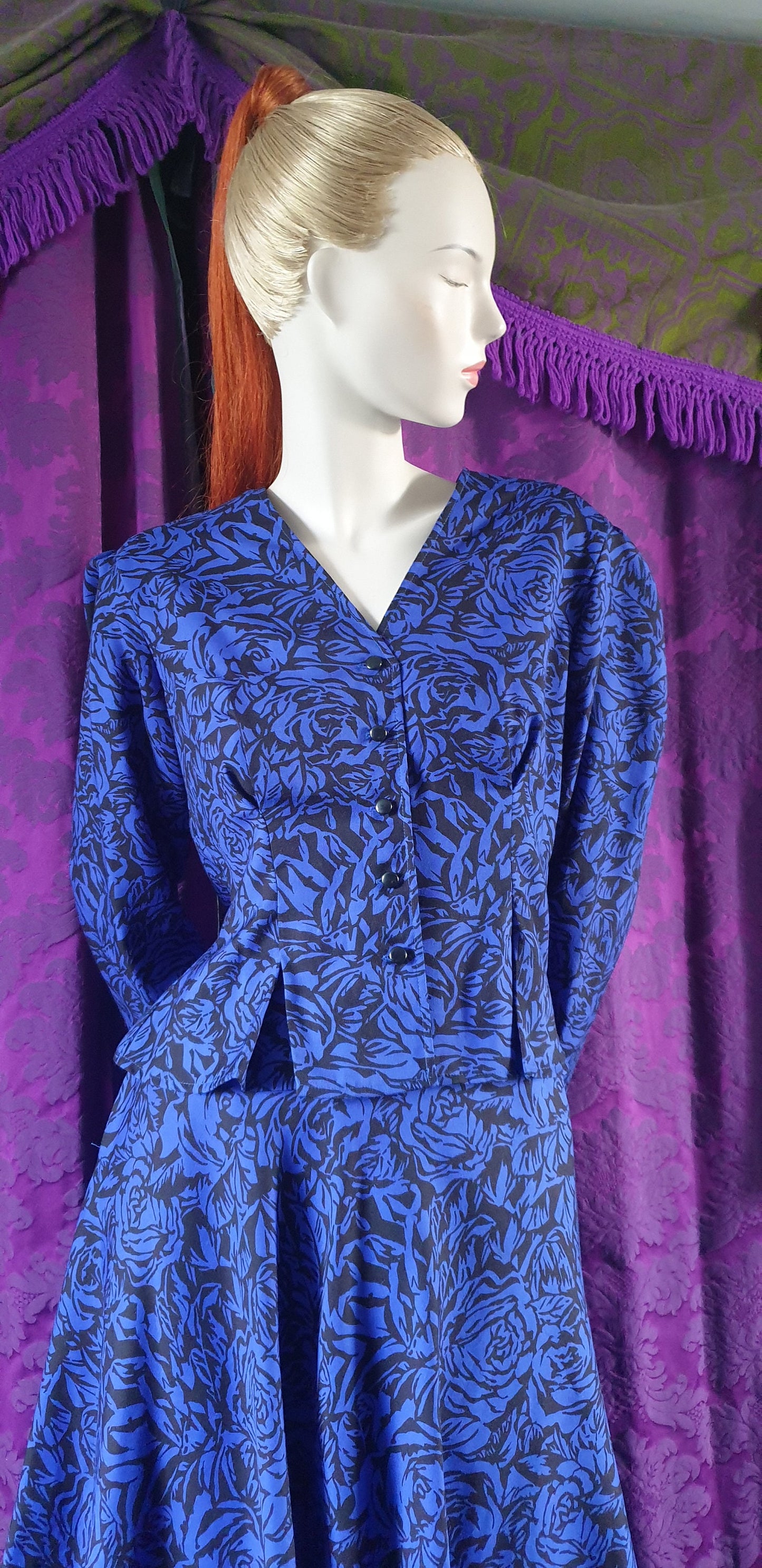 Vintage Royal Blue Floral Blouse and Full Skirt Suit by Windsmoor