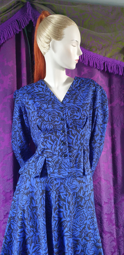 Vintage Royal Blue Floral Blouse and Full Skirt Suit by Windsmoor