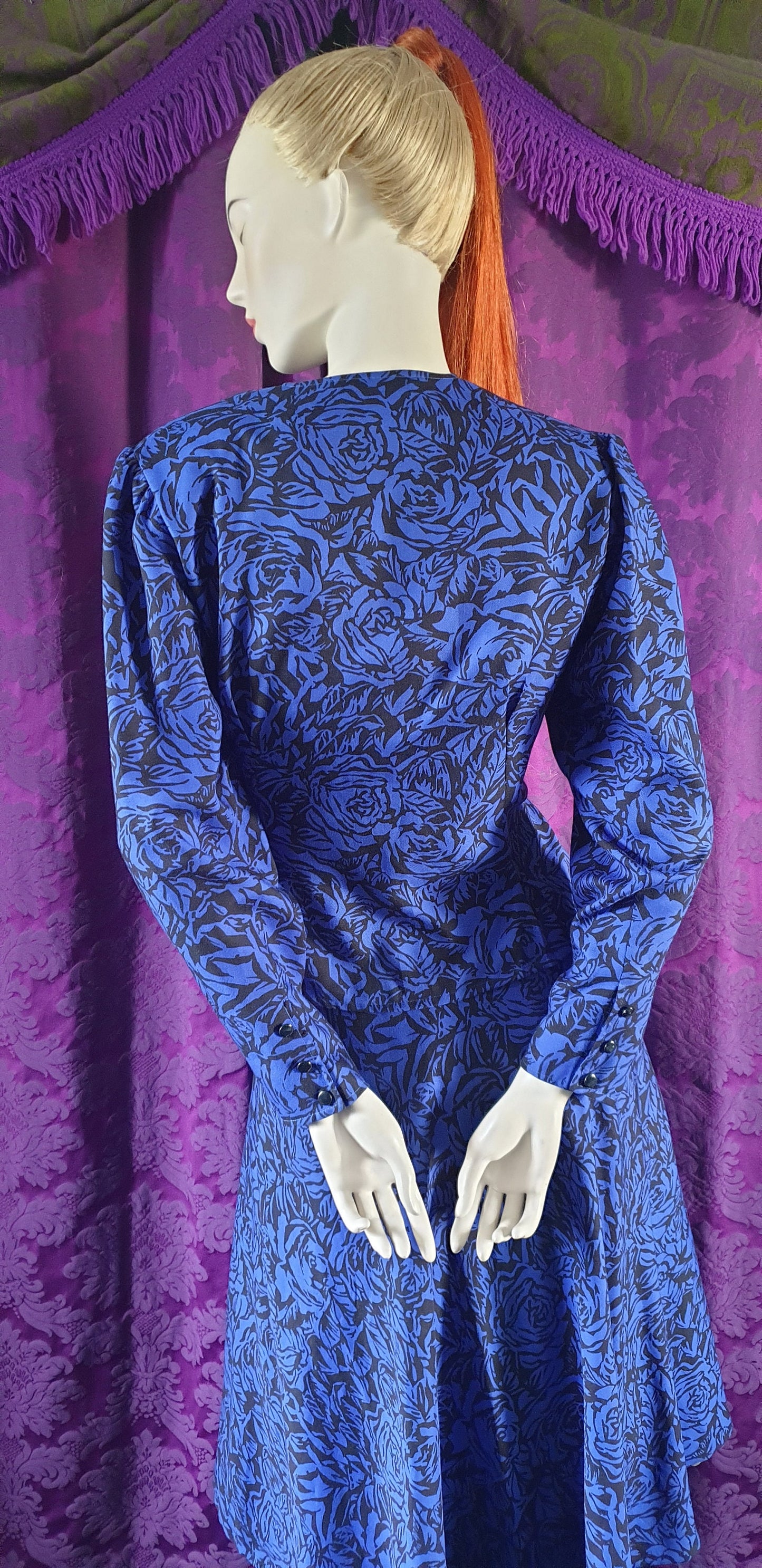 Vintage Royal Blue Floral Blouse and Full Skirt Suit by Windsmoor