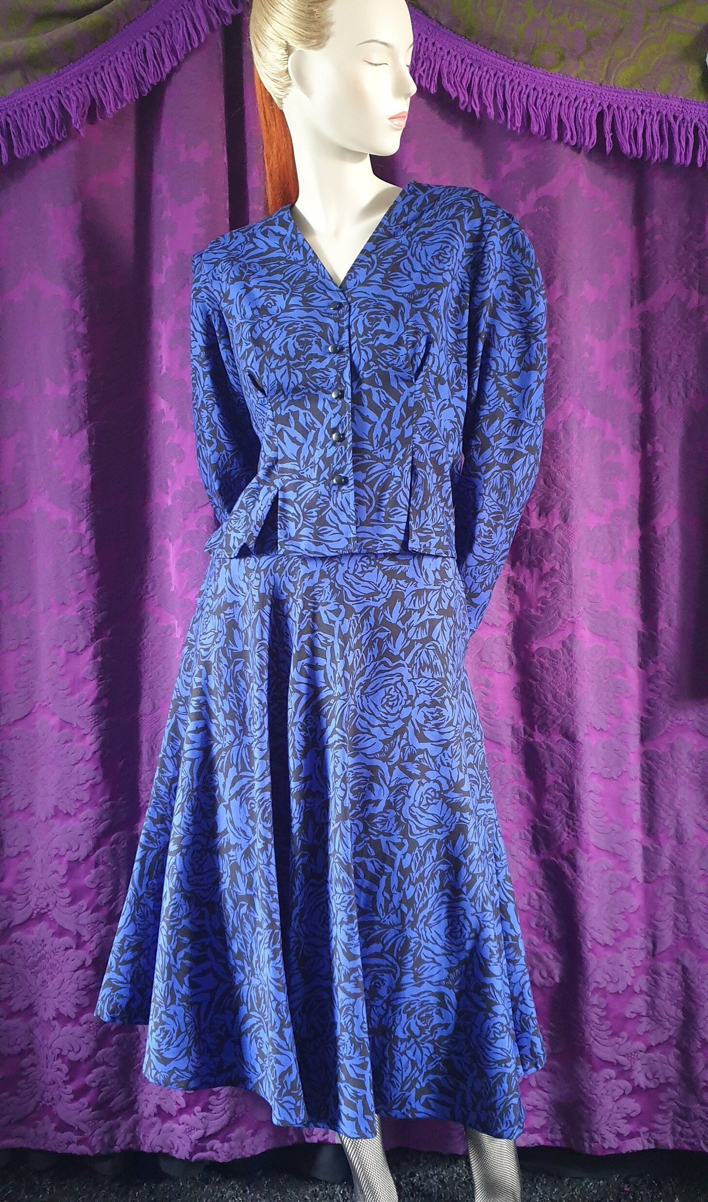 Vintage Royal Blue Floral Blouse and Full Skirt Suit by Windsmoor
