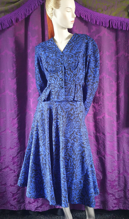 Vintage Royal Blue Floral Blouse and Full Skirt Suit by Windsmoor