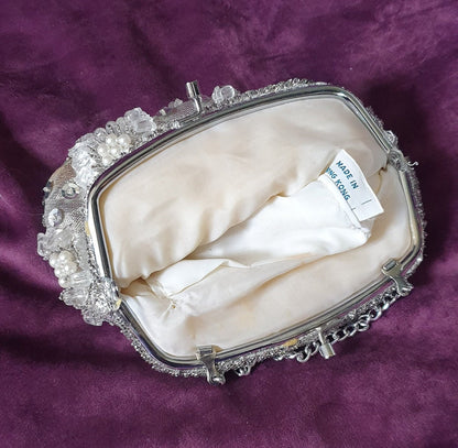 Vintage 1960s Silver Lurex & Pearl Beaded Evening Bag