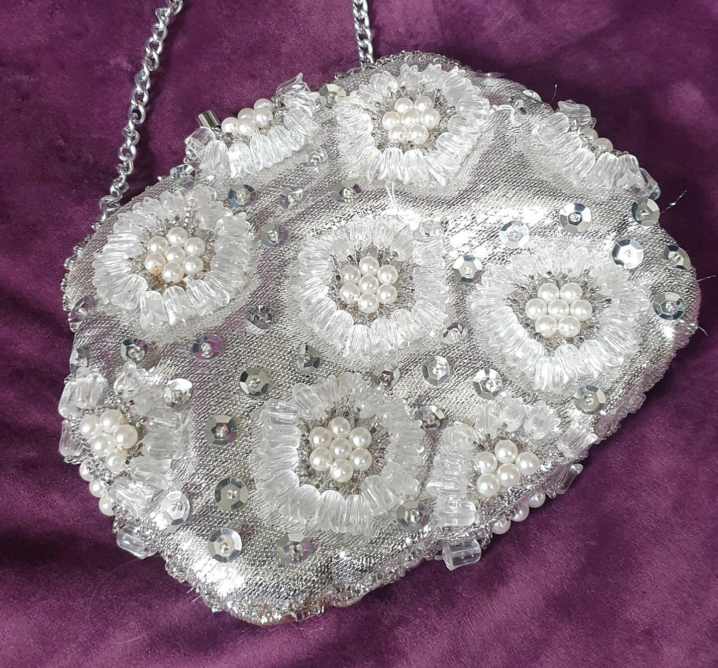 Vintage 1960s Silver Lurex & Pearl Beaded Evening Bag