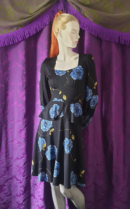 Vintage 1970s Blue Carnations Peplum Dress