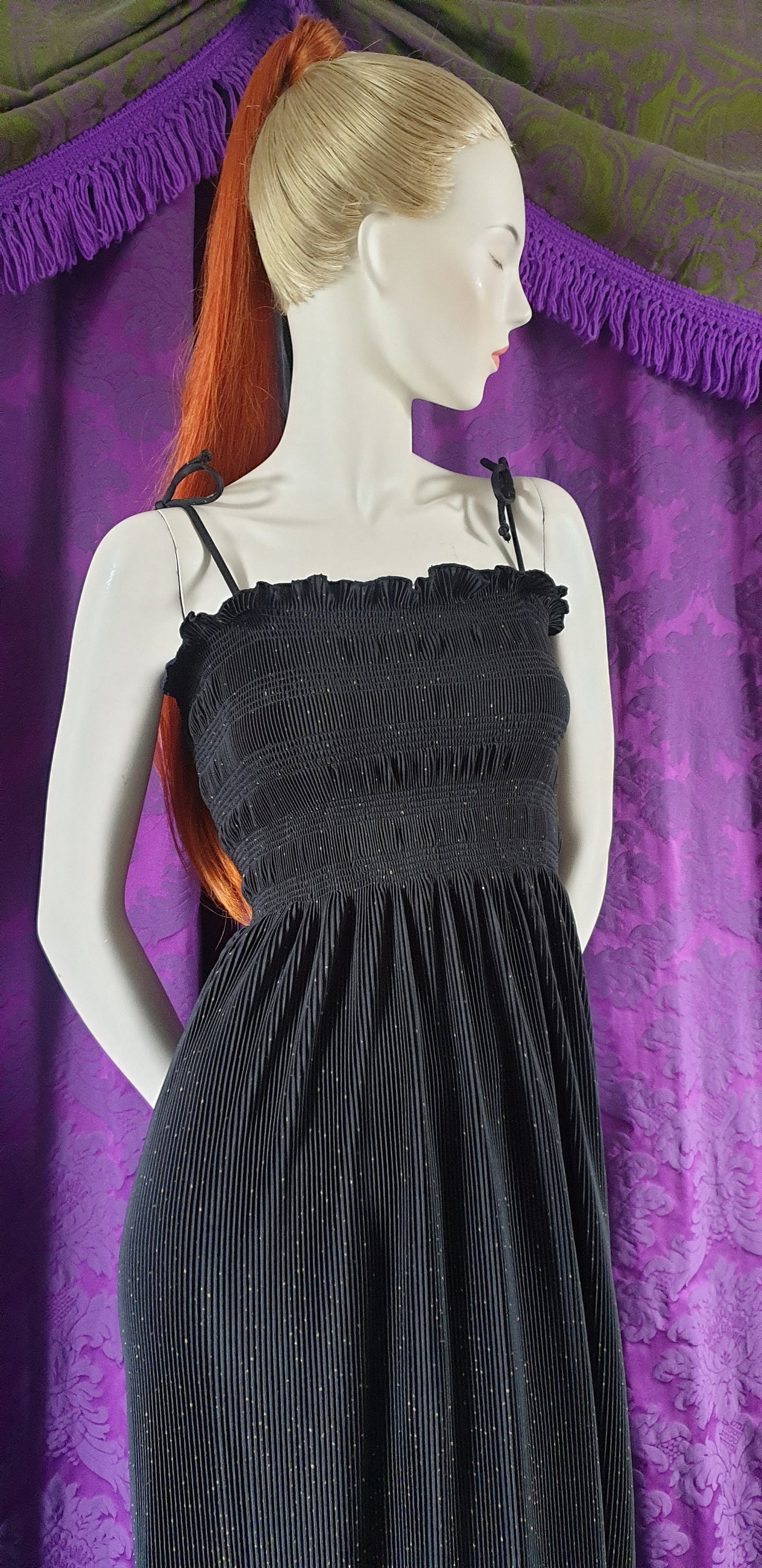 Vintage 1970s Smocked Bodice Gold and Black Maxi Dress by Laura Phillips