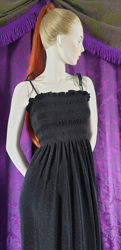 Vintage 1970s Smocked Bodice Gold and Black Maxi Dress by Laura Phillips