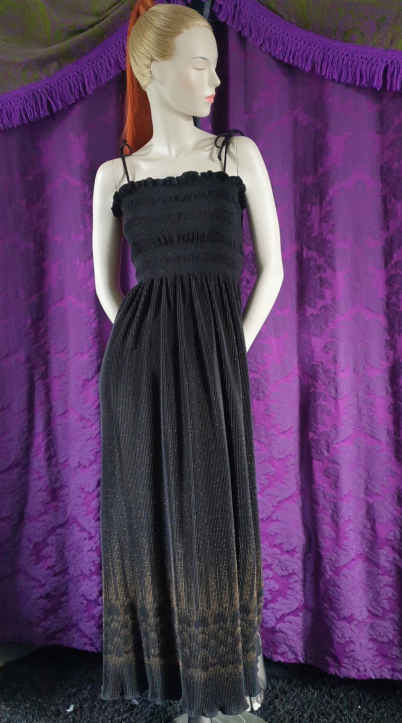 Vintage 1970s Smocked Bodice Gold and Black Maxi Dress by Laura Phillips