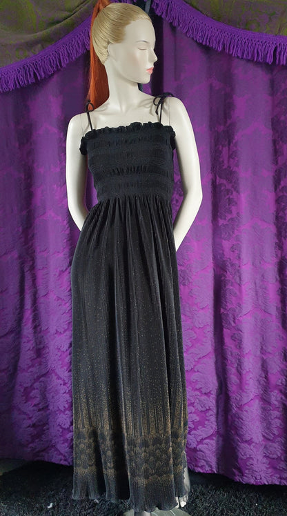 Vintage 1970s Smocked Bodice Gold and Black Maxi Dress by Laura Phillips