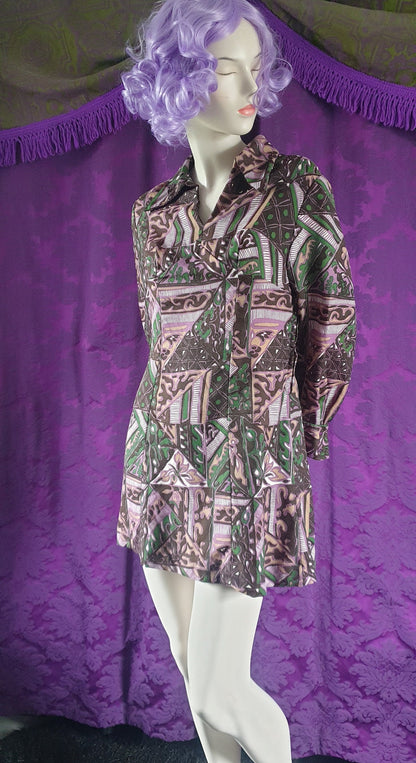 Vintage 1970s Tile Print Barkcloth Minidress