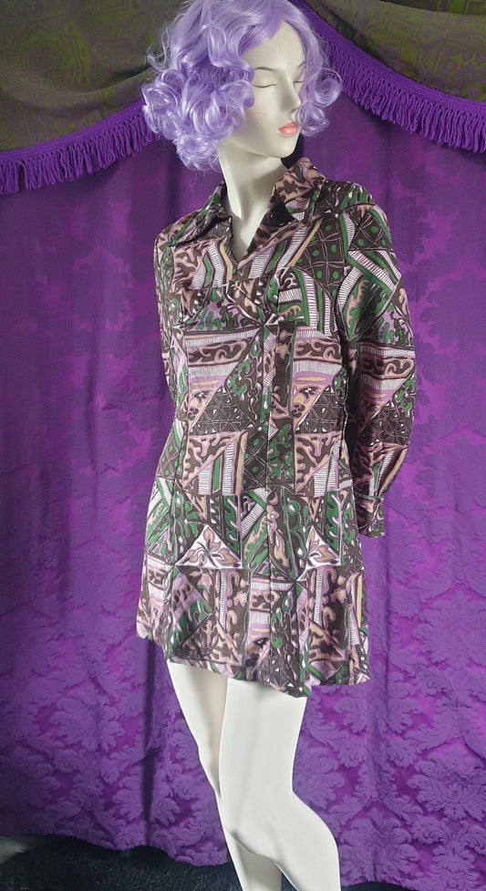 Vintage 1970s Tile Print Barkcloth Minidress