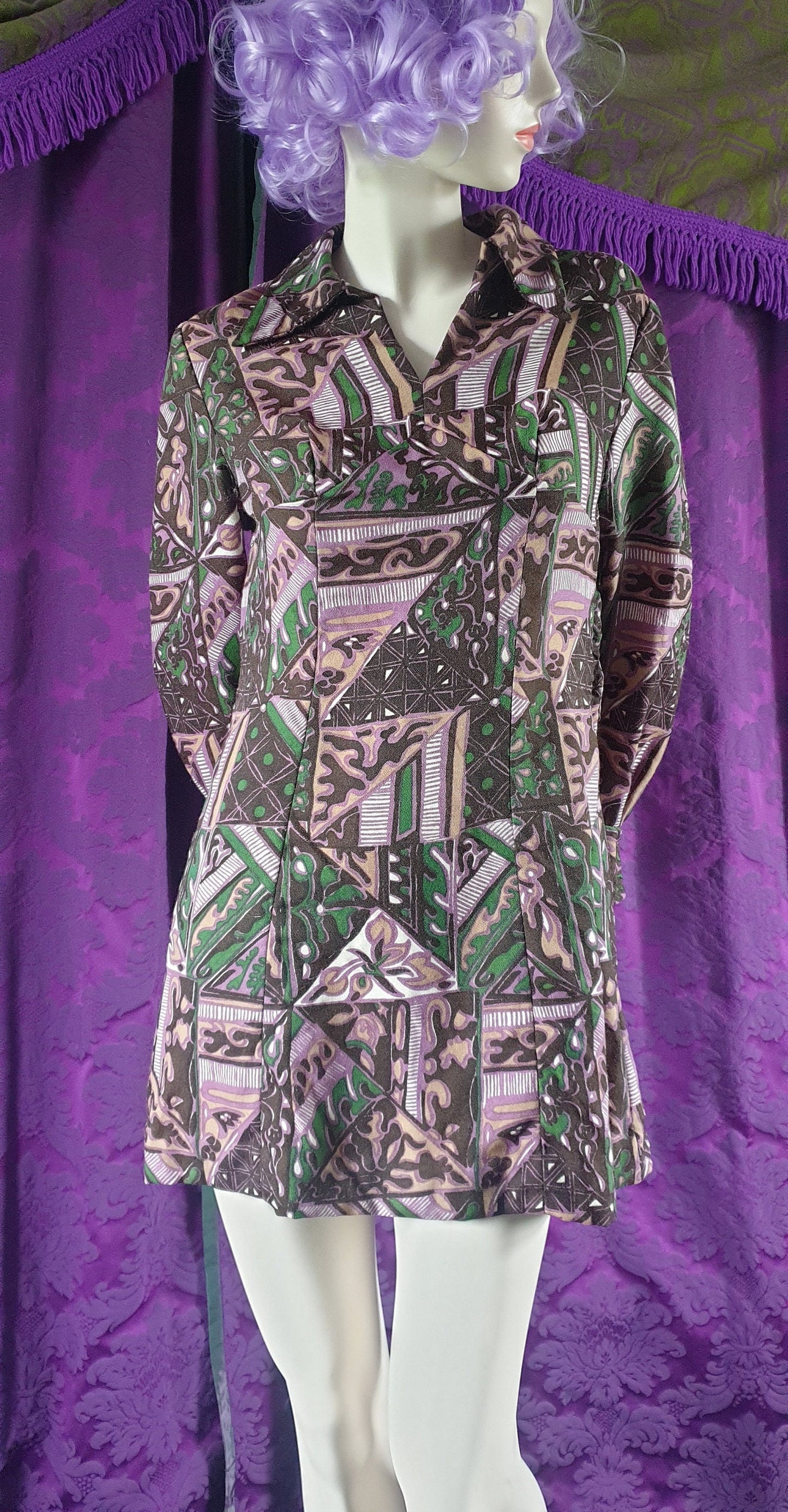 Vintage 1970s Tile Print Barkcloth Minidress