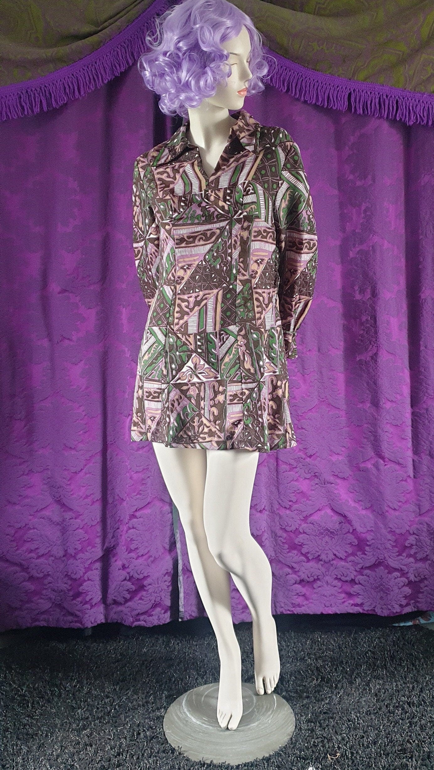 Vintage 1970s Tile Print Barkcloth Minidress