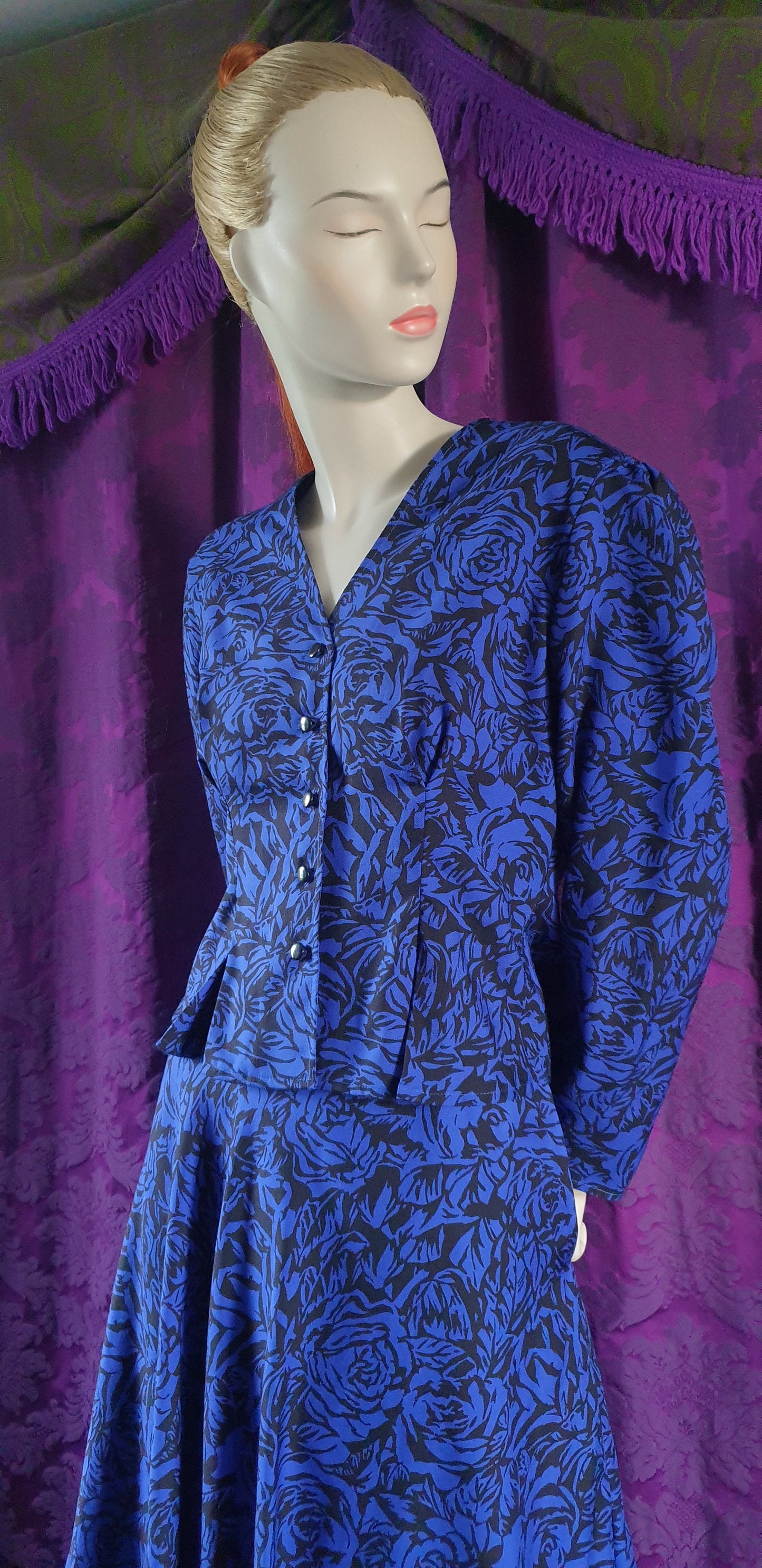 Vintage Royal Blue Floral Blouse and Full Skirt Suit by Windsmoor