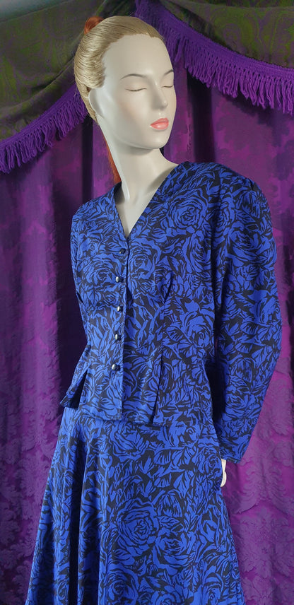 Vintage Royal Blue Floral Blouse and Full Skirt Suit by Windsmoor