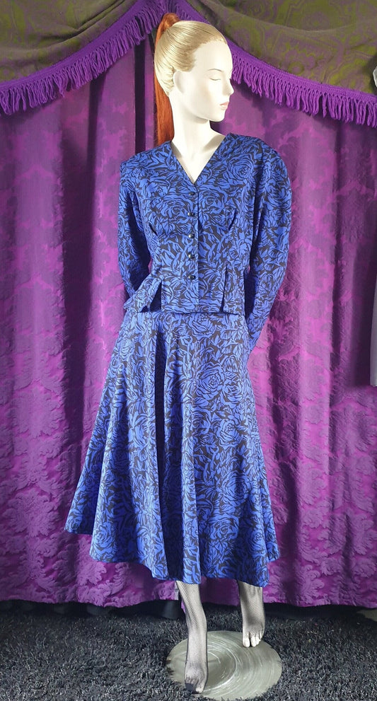Vintage Royal Blue Floral Blouse and Full Skirt Suit by Windsmoor