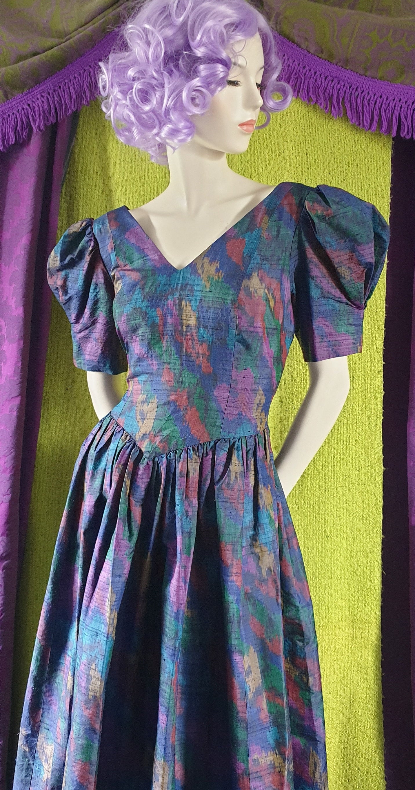 Vintage 1990s Monsoon Twilight Silk Dupion Ikat Ballgown