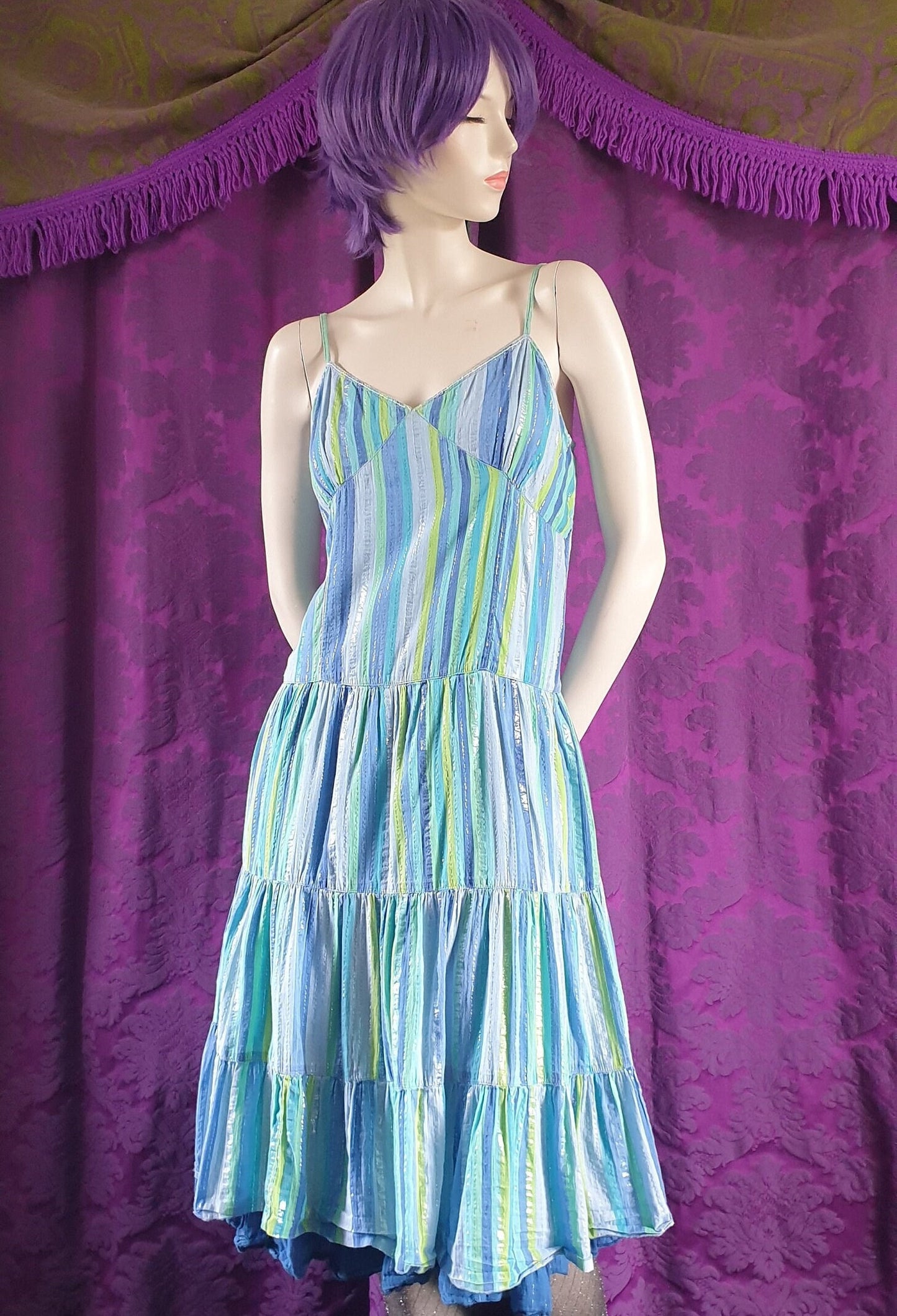 Vintage PHOOL Lurex Stripe Crinkle Cotton Ruffled Sundress