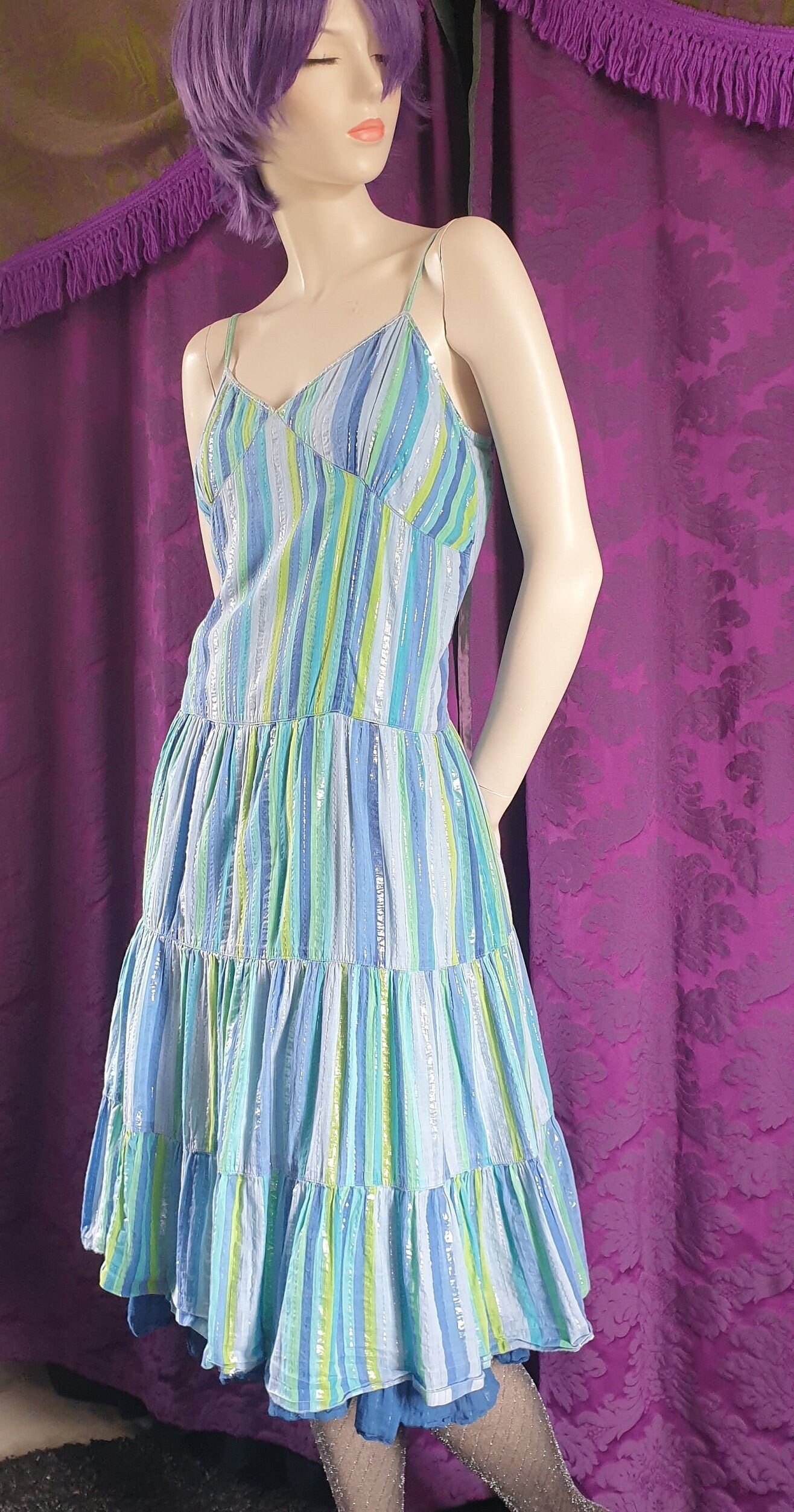 Vintage PHOOL Lurex Stripe Crinkle Cotton Ruffled Sundress