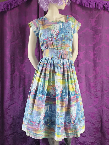 Vintage 1950s Underwater Kingdom Cotton Novelty Print Dress