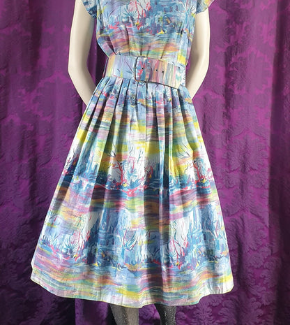 Vintage 1950s Underwater Kingdom Cotton Novelty Print Dress