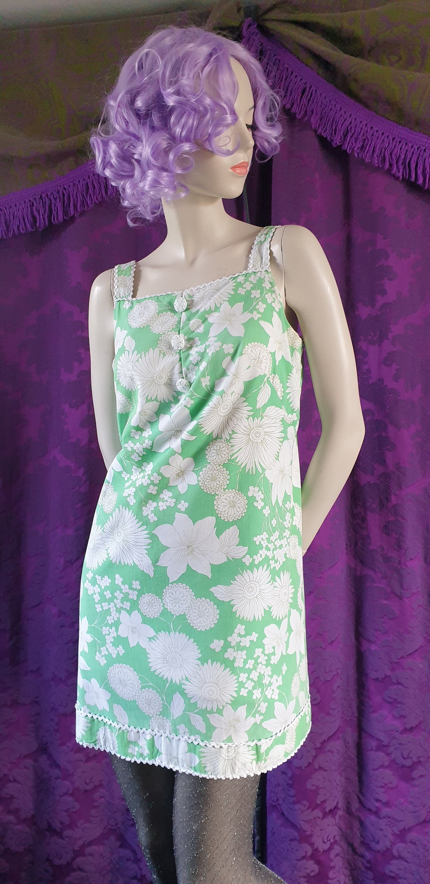 Vintage 1960s Mint Green Floral Cotton Micro Mini-Dress