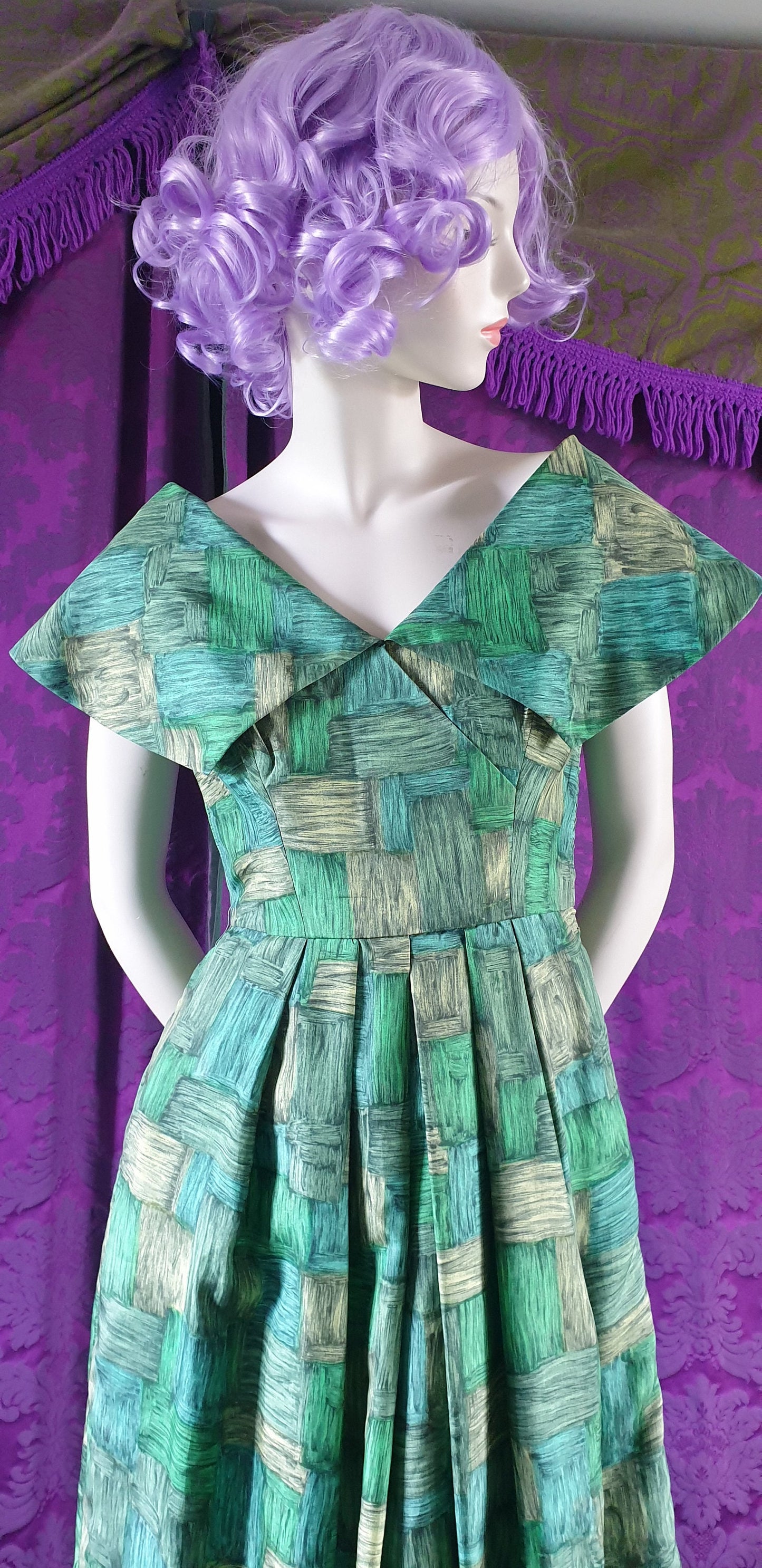 Vintage 1950s Green Brushstrokes Silk Dress