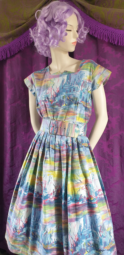 Vintage 1950s Underwater Kingdom Cotton Novelty Print Dress