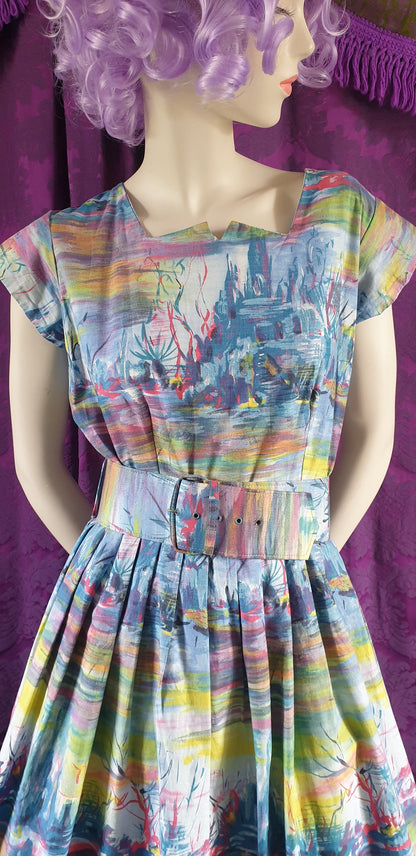 Vintage 1950s Underwater Kingdom Cotton Novelty Print Dress